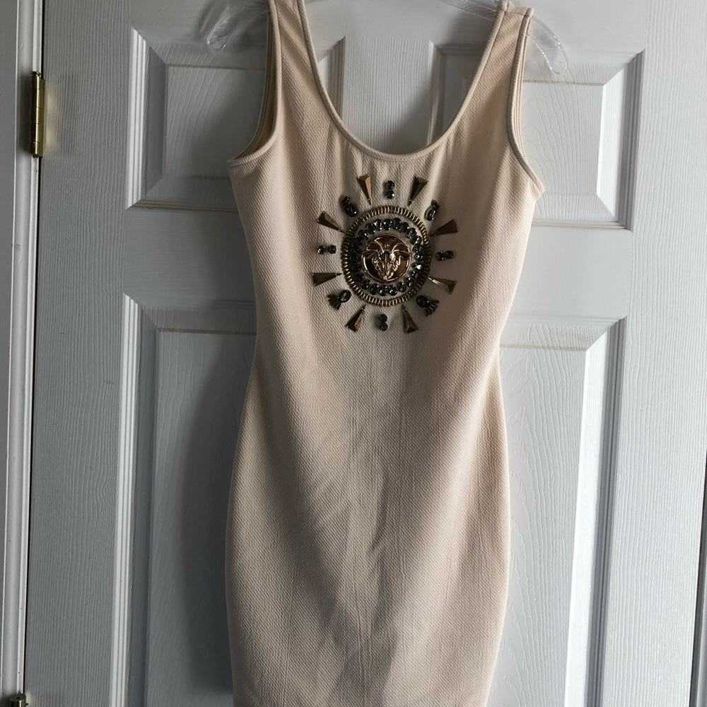 Pink mini dress with gold and gem embossed Roman design